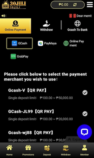 Step 2: Select the GCash deposit method and click on one of GCash’s payment channels.