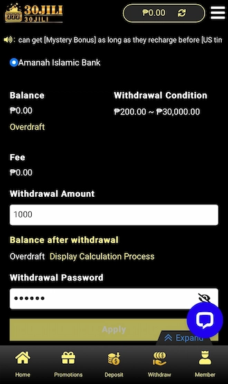 In the deposit form, new players must fill in two important information: the amount they want to withdraw and the withdrawal password.